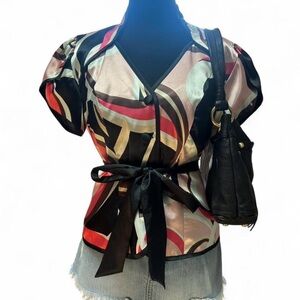 Y2K MSK Abstract Print Tie-Waist Blouse Satin Look Top Size M officesiren fairy